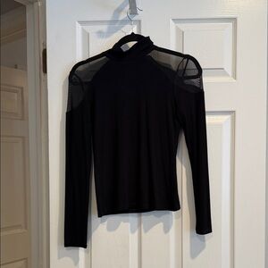 1.State Black Mesh Shoulder Mockneck Women's Top